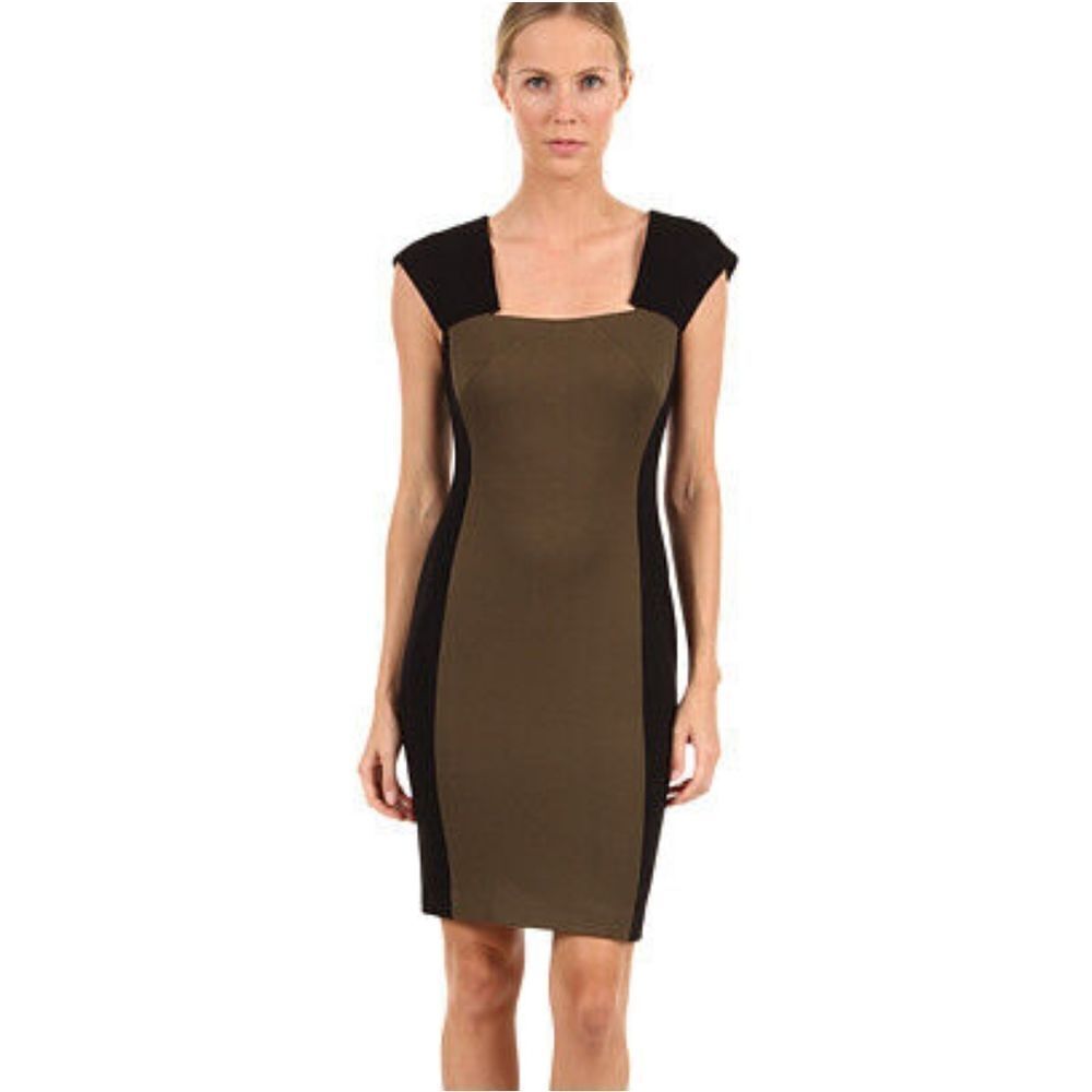 Rachel Roy Elegant Black and Olive Green Ponte Stretch Dress